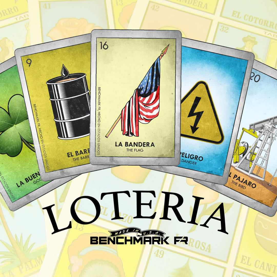  A vibrant Lotería-inspired design featuring five custom cards with industrial and patriotic themes. 