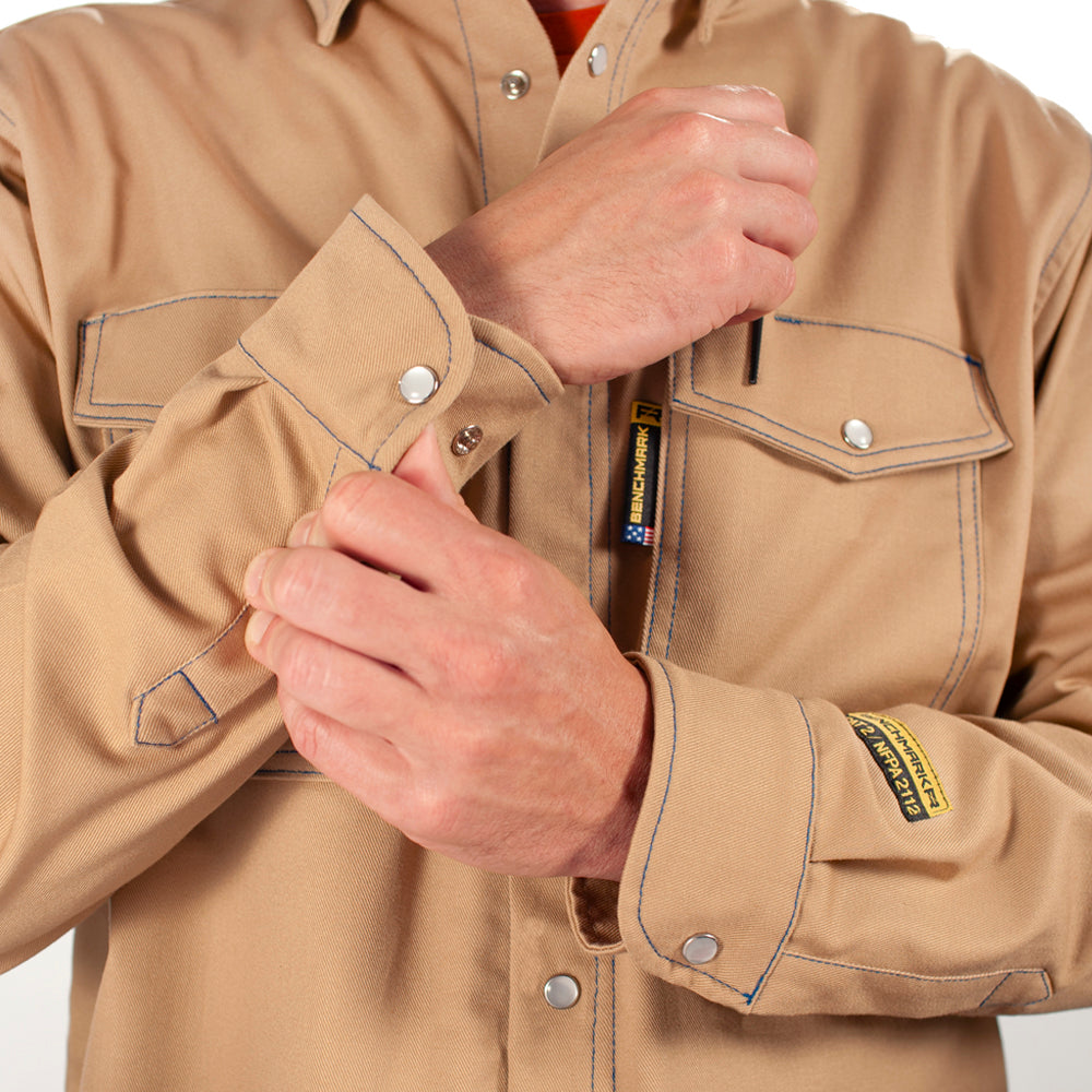sleeve on flame resistant coyote welding shirt