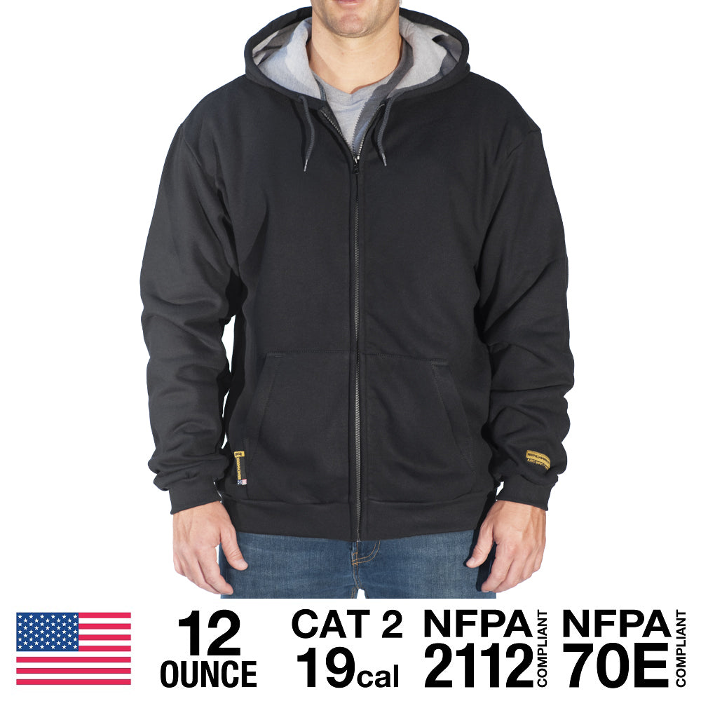 front of black zip up hoodie with safety ratings