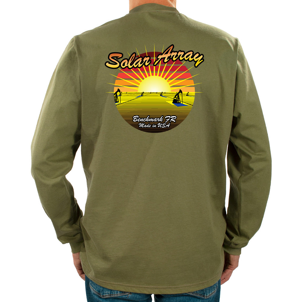 Green long-sleeve shirt with a colorful graphic on the back, featuring the text 'Solar Array' and 'Benchmark PR'.