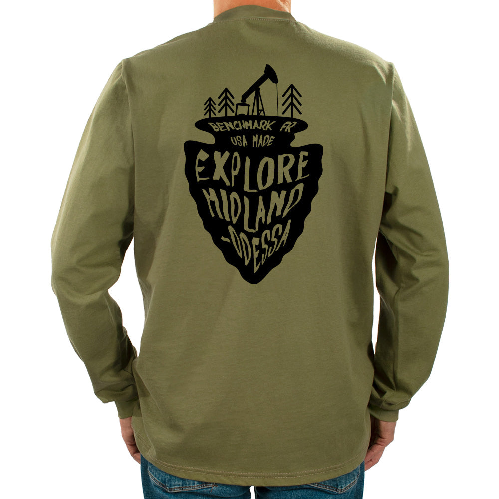 Green long-sleeve shirt with black graphic and text on the back, on a white background