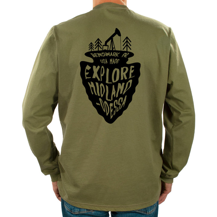 Green long-sleeve shirt with black graphic and text on the back, on a white background