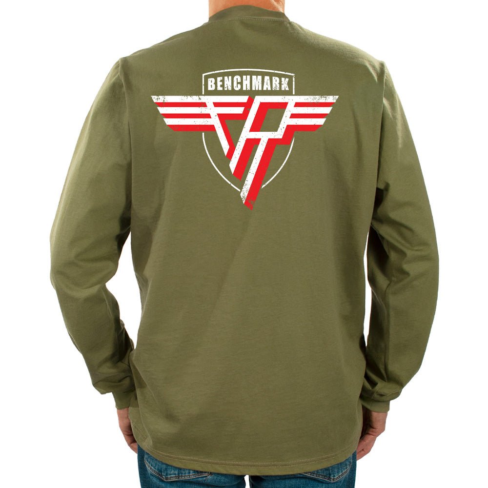 Green long-sleeve shirt with a red and white logo on the back, on a white background