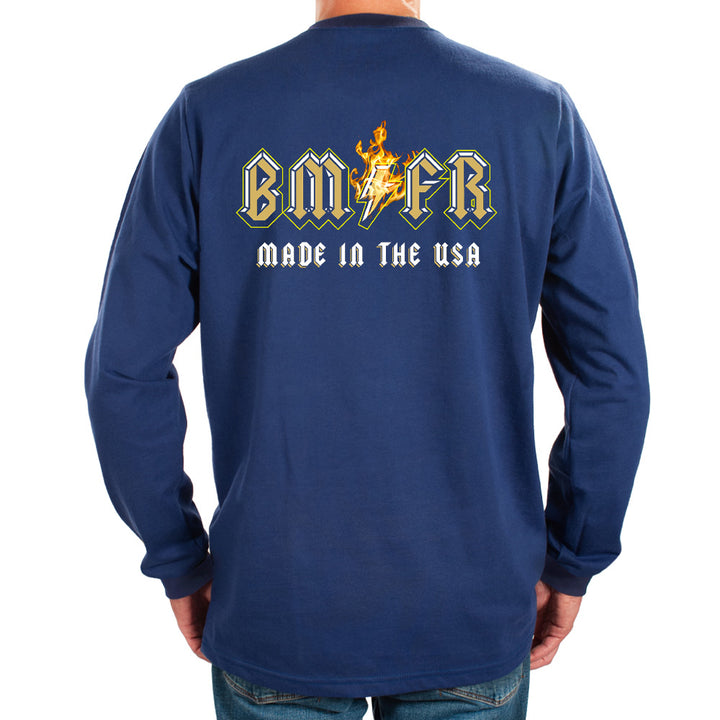 Dark Royal blue long-sleeve shirt with 'BMFR Made in the USA' text on the back, worn by a person.
