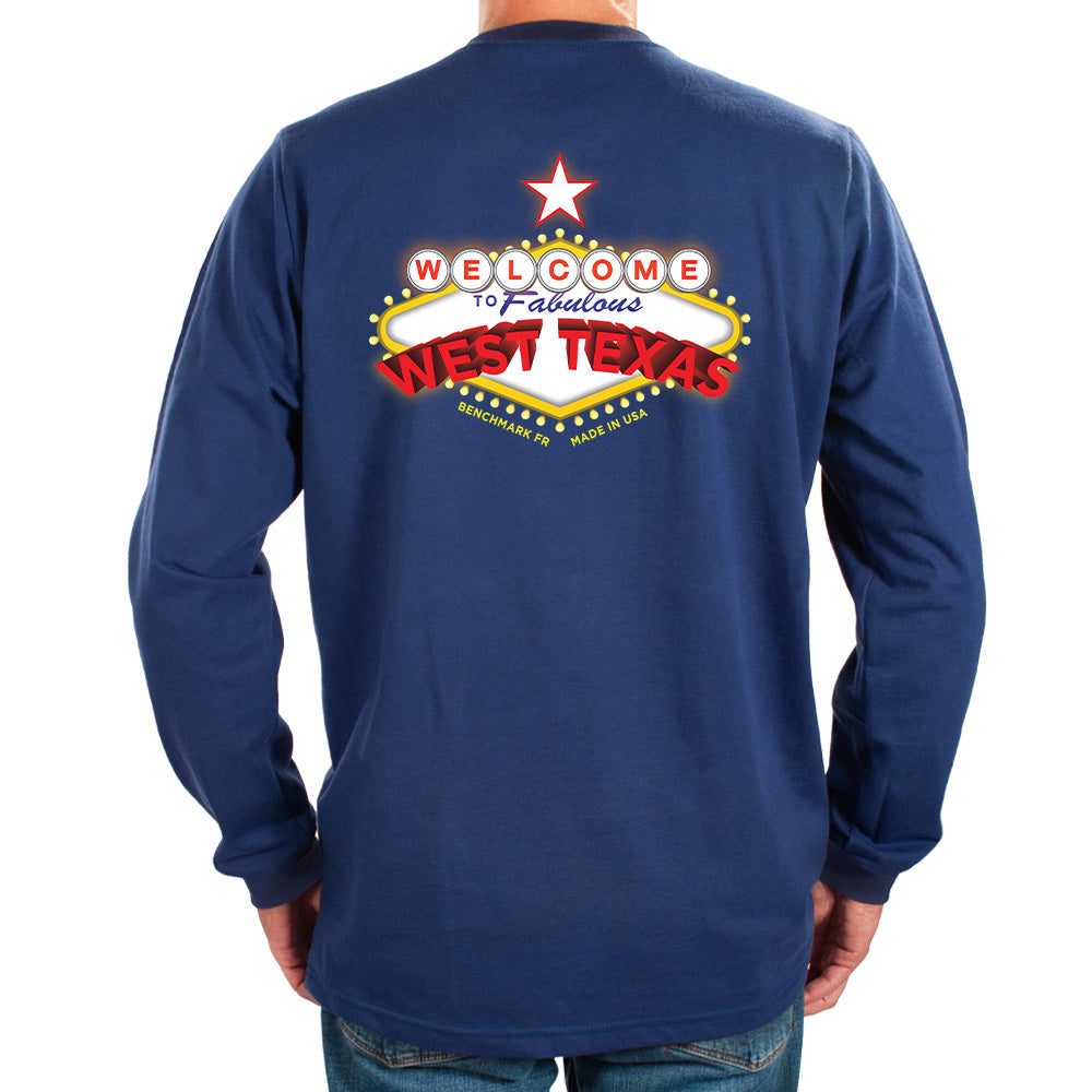 Navy blue long-sleeve shirt with 'Welcome to the Fabulous West Texas' graphic on the back.