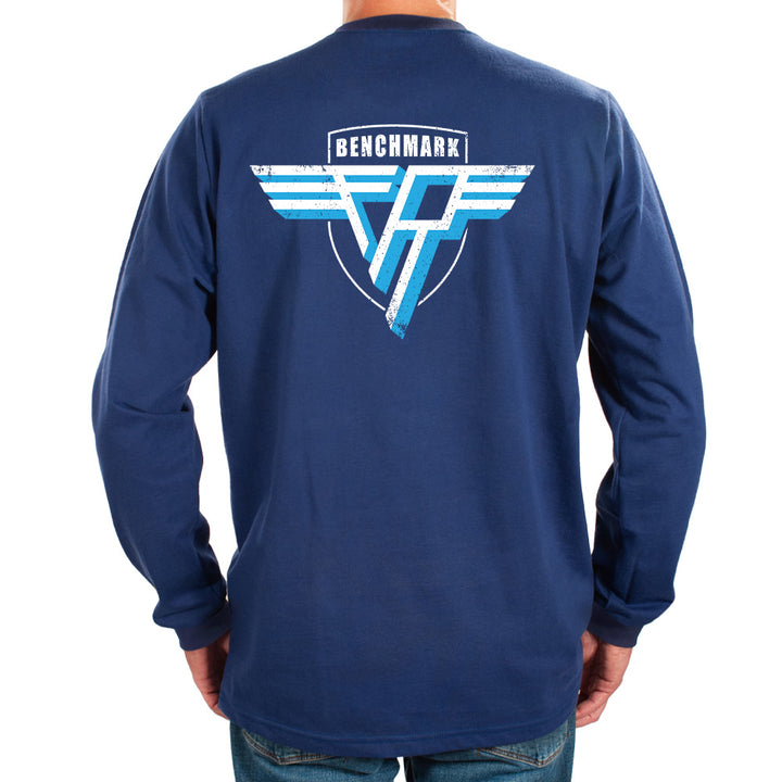 Navy blue long-sleeve shirt with Benchmark logo on the back
