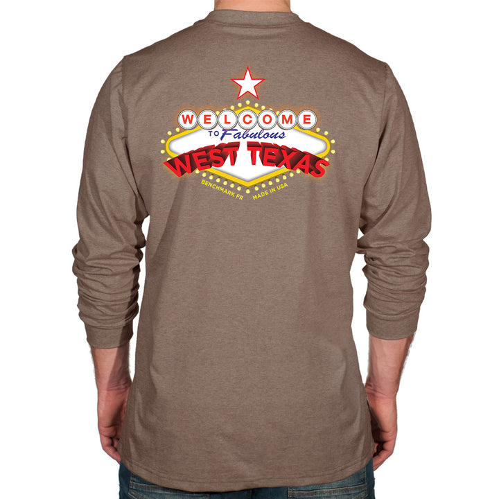 Brown long-sleeve shirt with 'Welcome to Fabulous West Texas' graphic on the back