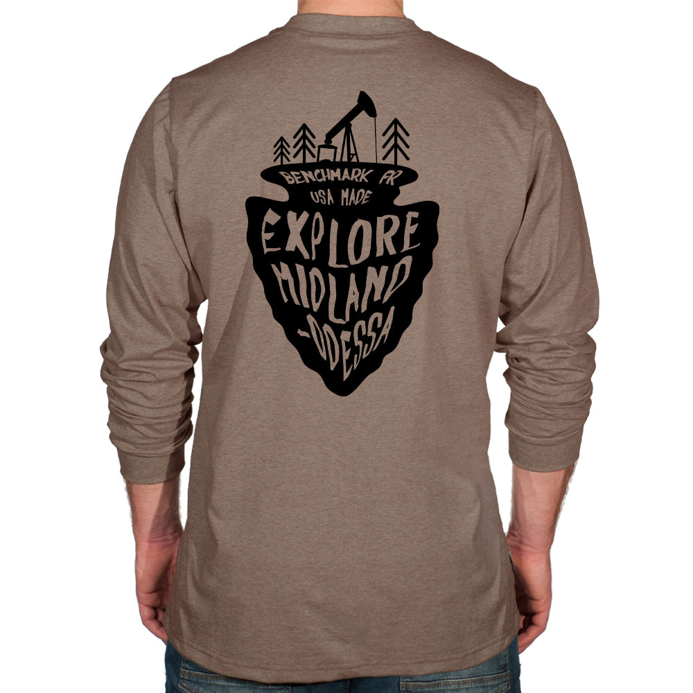 Brown long-sleeve shirt with black graphic and text on the back, on a white background