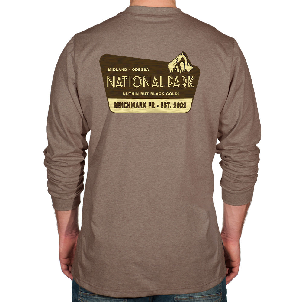 Brown long-sleeve shirt with 'National Park' logo on the back