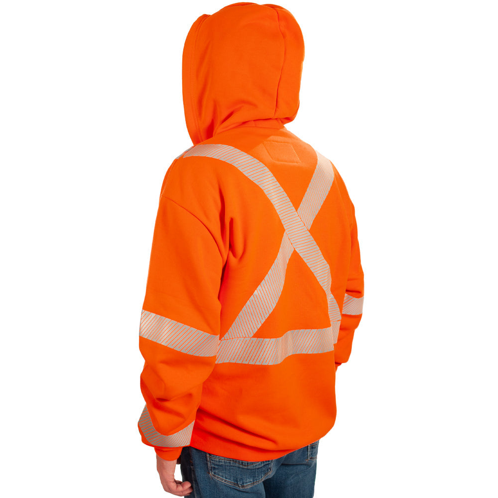 full shot of orange hoodie with reflective striping with hood up
