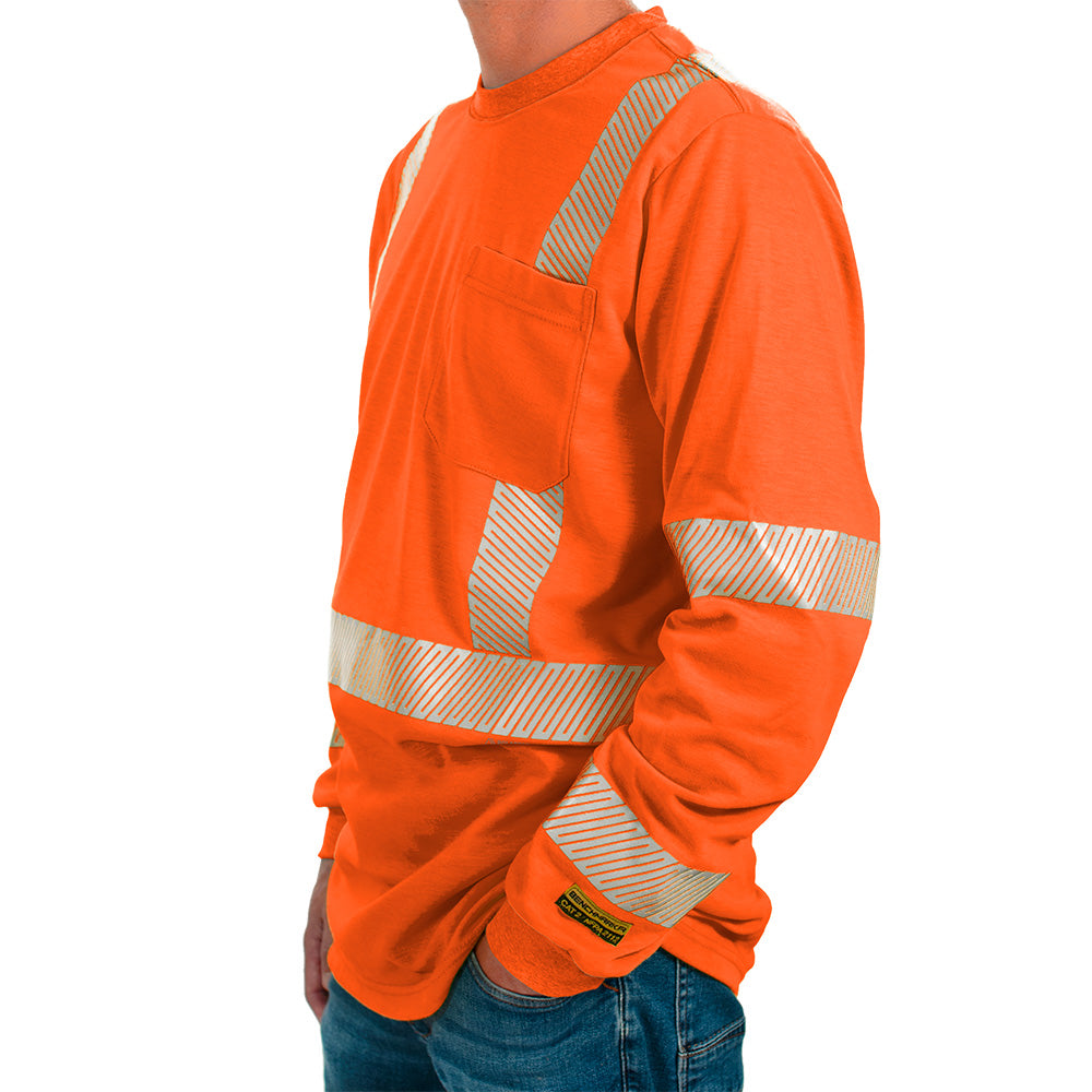 Orange safety shirt with reflective stripes on a white background