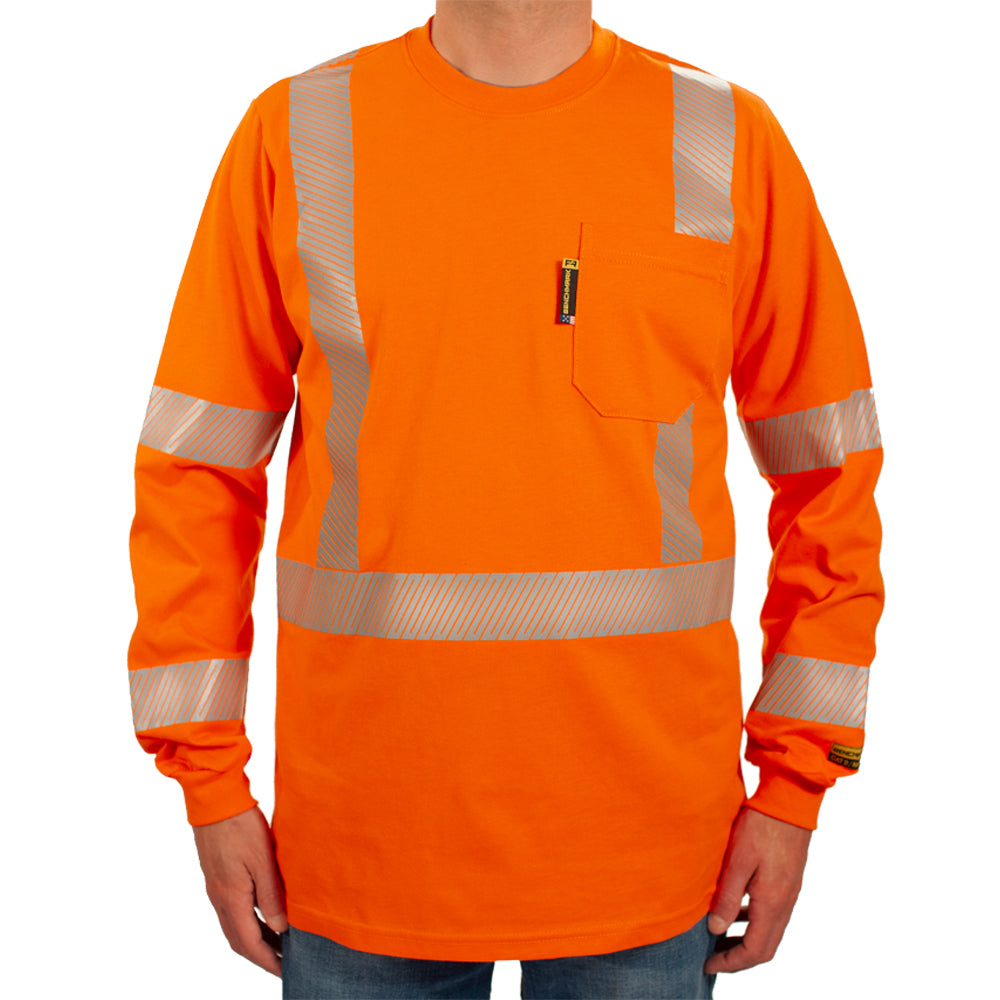 front of orange flame resistant shirt with reflective striping