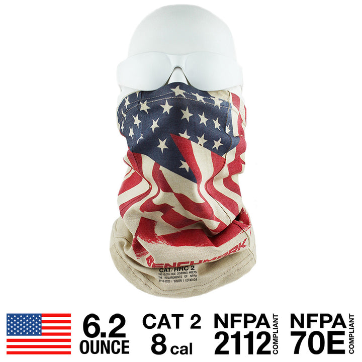 Flame Resistant Beige Neck Gaiter American Flag print with safety ratings