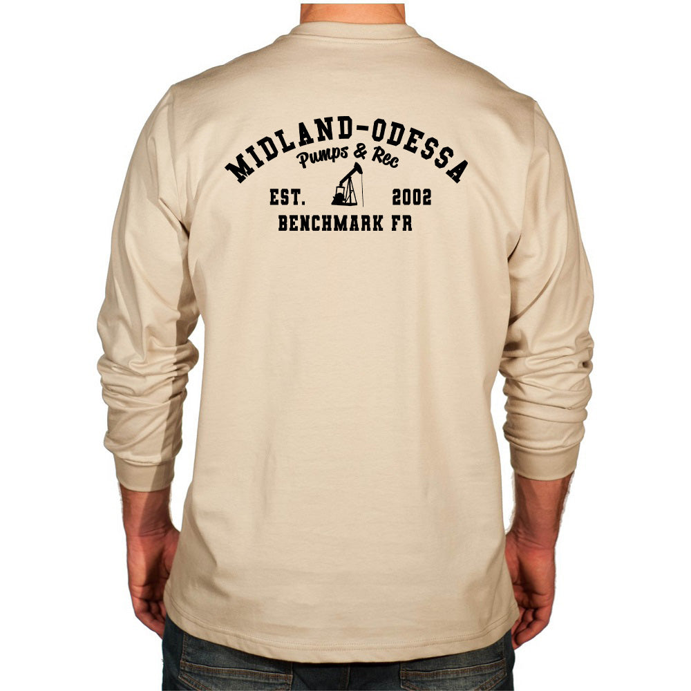Beige long-sleeve shirt with 'Midland-Odessa' text on the back, displayed on a person.