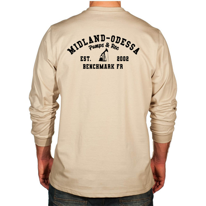 Beige long-sleeve shirt with 'Midland-Odessa' text on the back, displayed on a person.