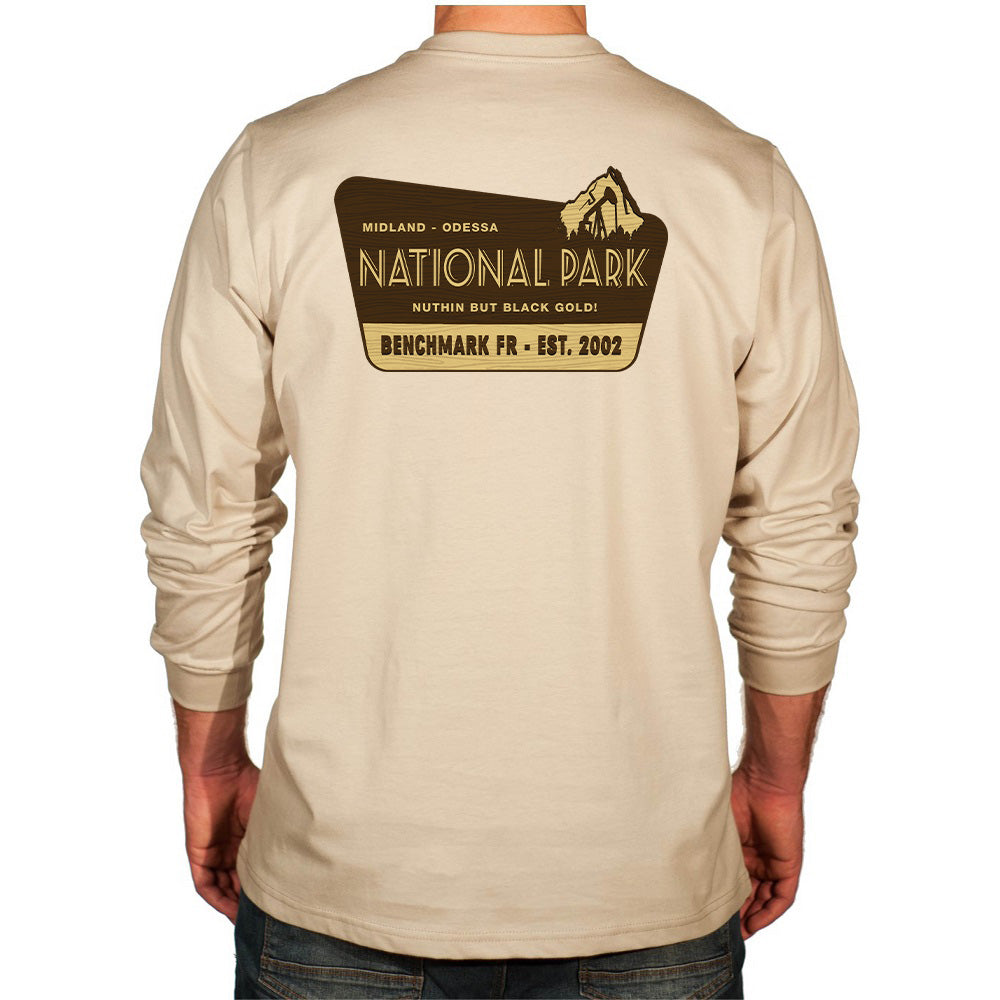Beige long-sleeve shirt with 'National Park' logo on the back, on a white background