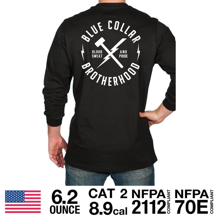 Blue Collar Brotherhood graphic on black shirt with safety ratings