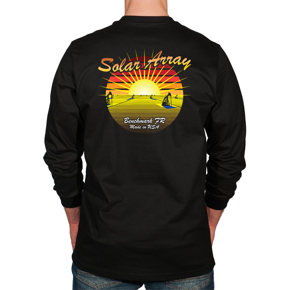 Black long-sleeve shirt with a colorful graphic on the back, featuring the text 'Solar Array' and a sunset design.