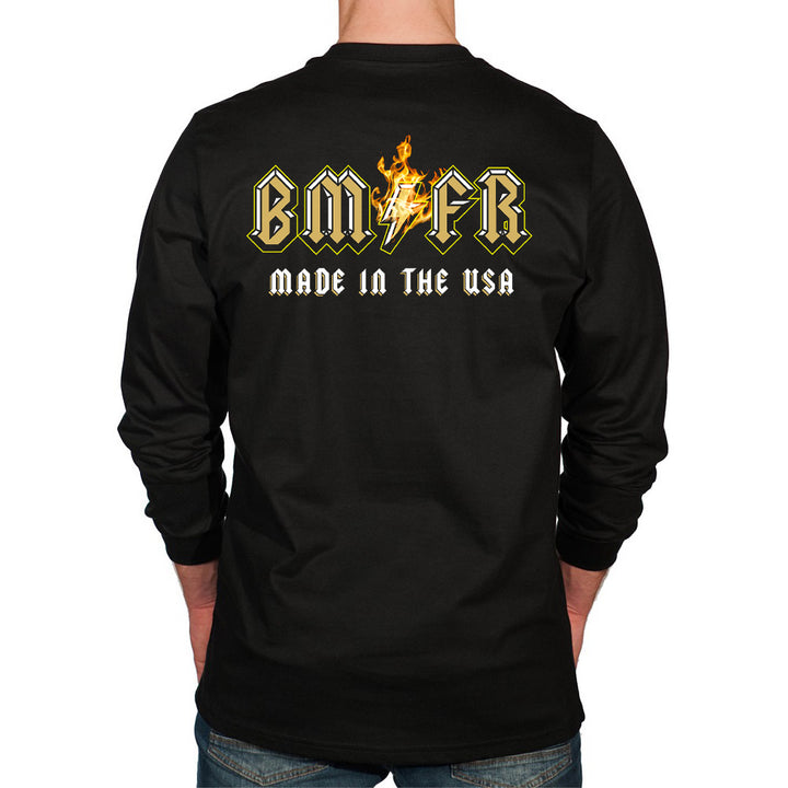 Black long-sleeve shirt with 'BMFR Made in the USA' text on the back, worn by a person.
