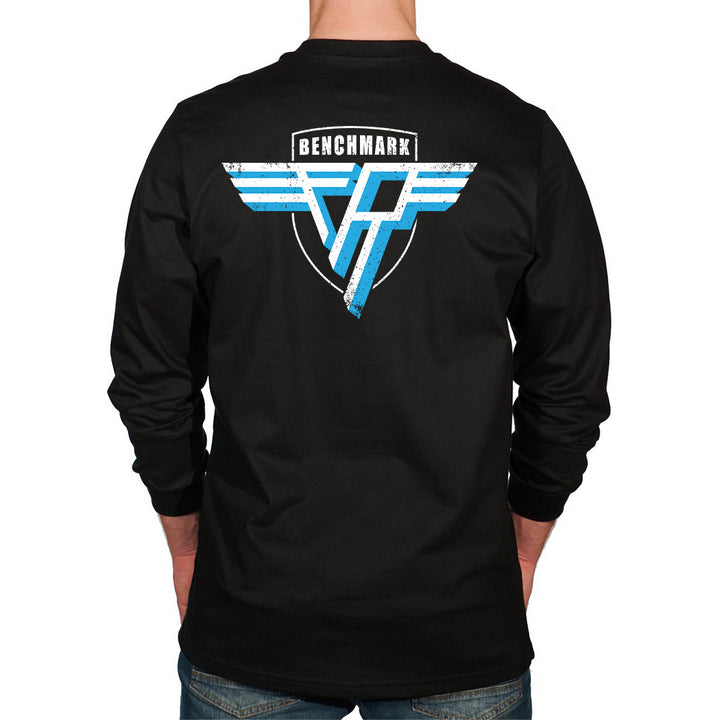 Black long-sleeve shirt with blue and white logo on the back, worn by a person.