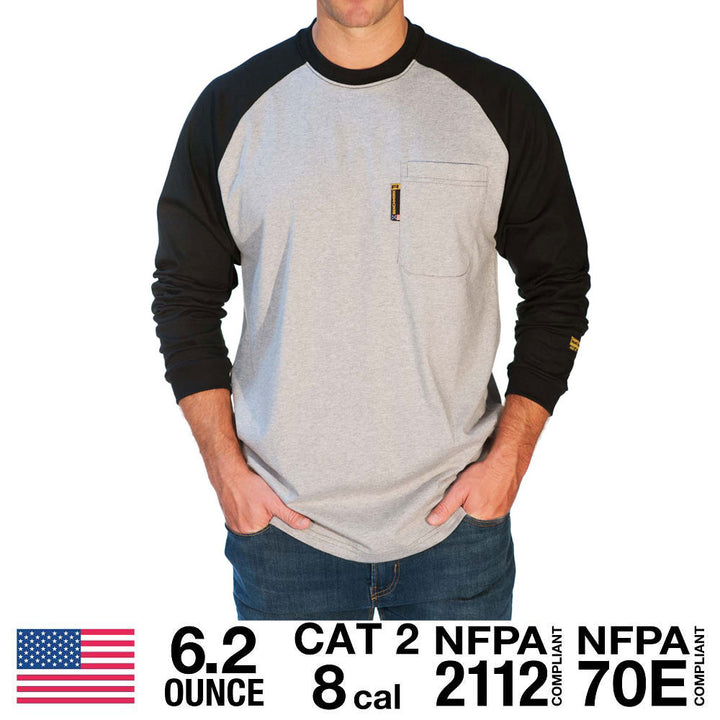 black and gray raglan flame resistant shirt with safety ratings