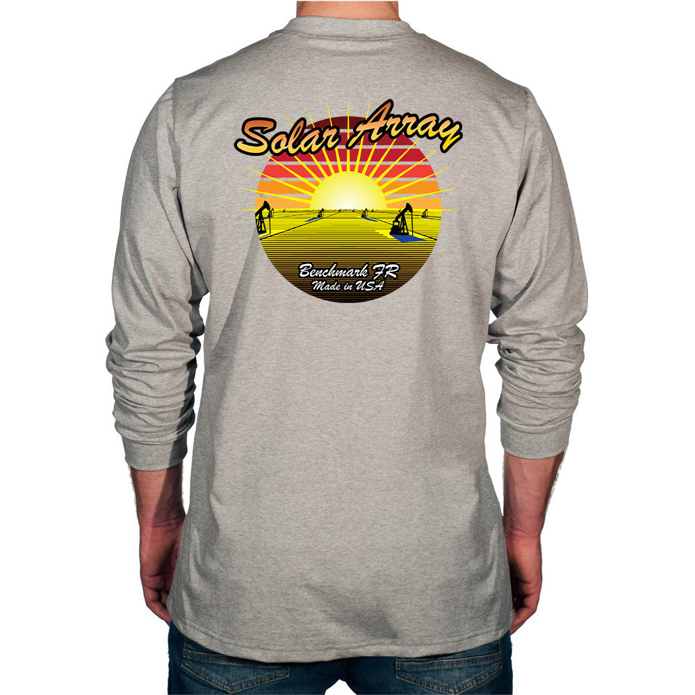 Gray long-sleeve shirt with a 'Solar Array' graphic on the back, featuring a sunset over solar panels.