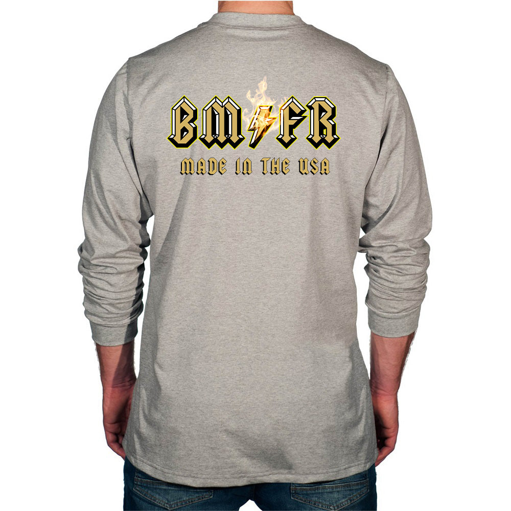 Light gray long-sleeve shirt with 'BMFR Made in the USA' text on the back, displayed on a white background.
