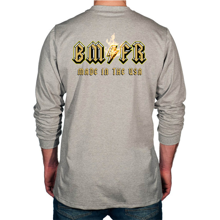Light gray long-sleeve shirt with 'BMFR Made in the USA' text on the back, displayed on a white background.
