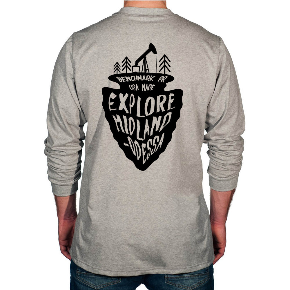 Gray long-sleeve shirt with black graphic design on the back, featuring text and an arrowhead shape.