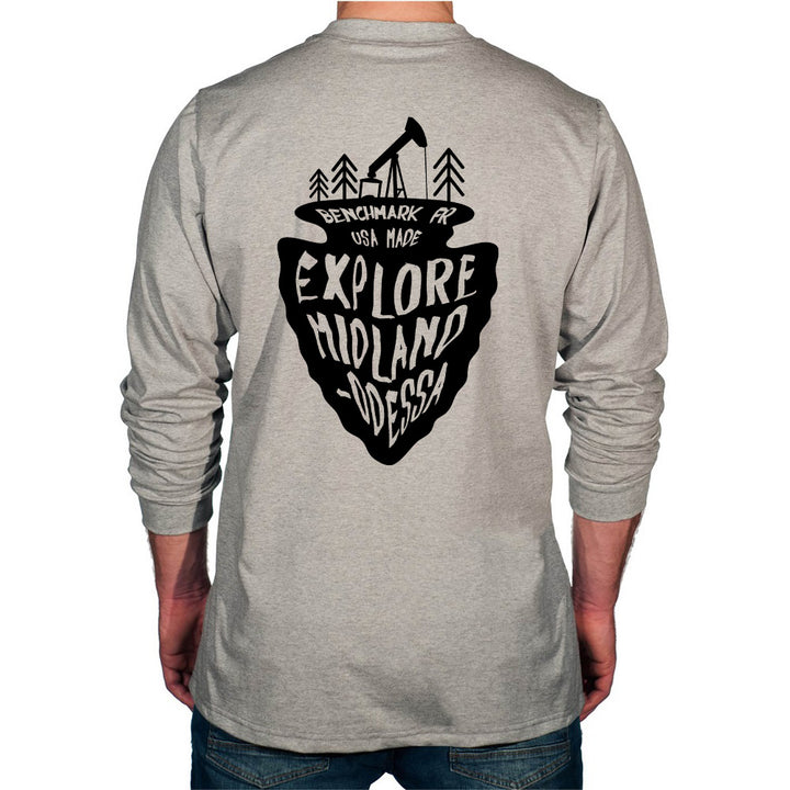 Gray long-sleeve shirt with black graphic design on the back, featuring text and an arrowhead shape.