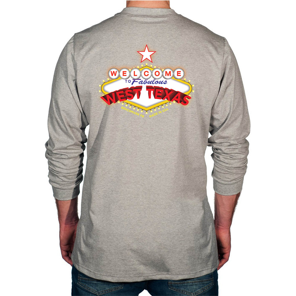 Gray long-sleeve shirt with 'Welcome to Fabulous West Texas' design on the back, worn by a person.
