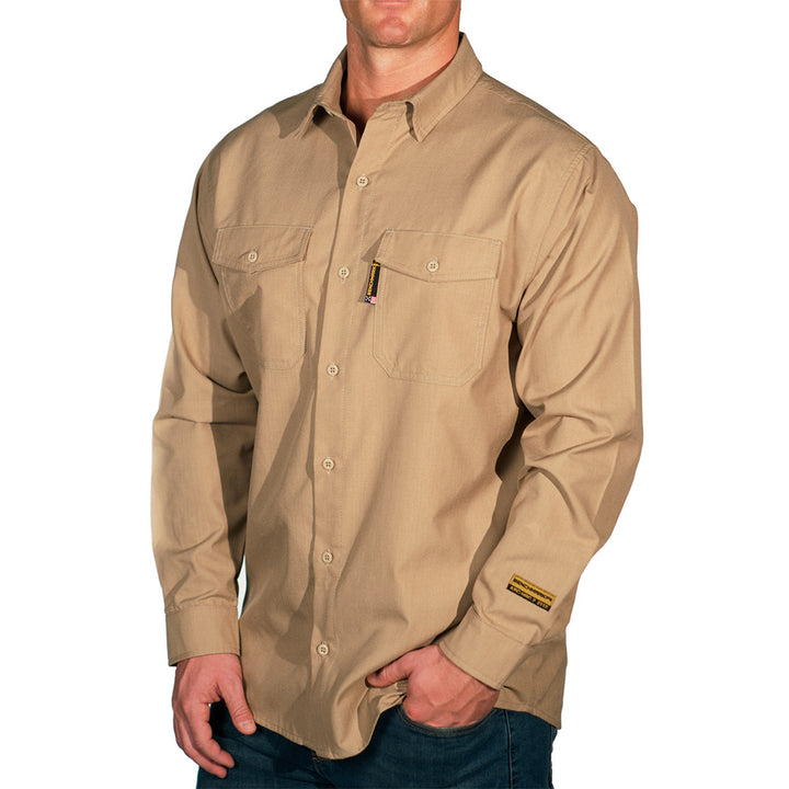 silver bullet flame resistant button up shirt beige